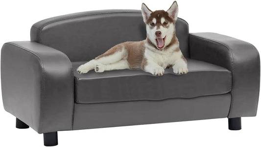 Faux Leather Dog Sofa - Thickly Padded Pet Single with Armrest and Backrest Wooden Frame Couch Bed for Small, Medium, Large Pets 31.5Inch X 19.7Inch 15.7Inch, Grey