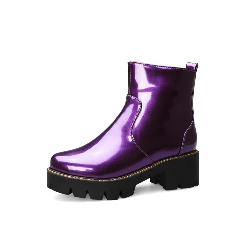 PXELENA Patent Leather Combat Boots for Women