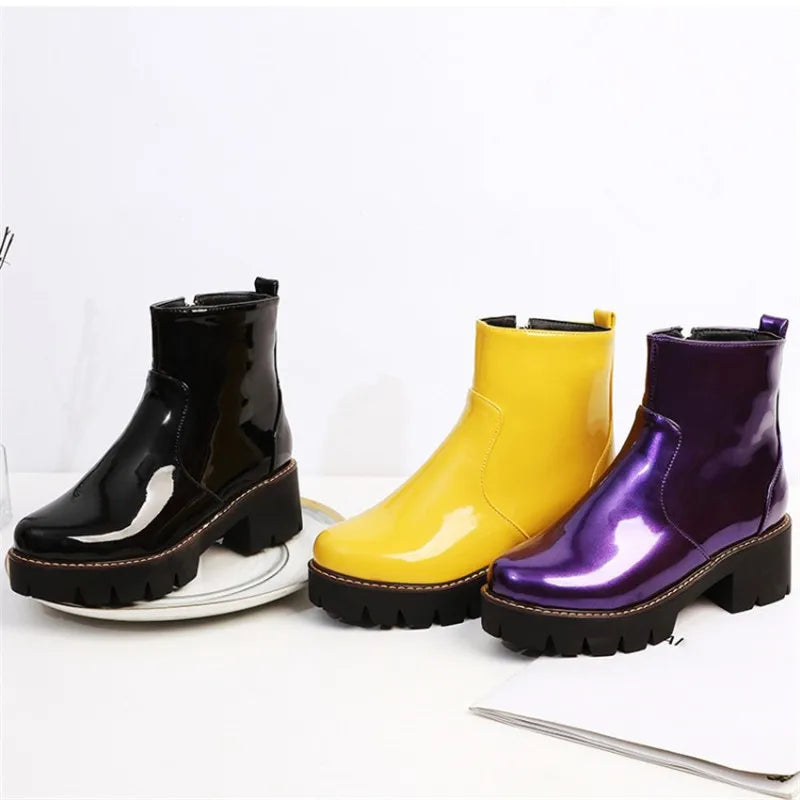 PXELENA Patent Leather Combat Boots for Women