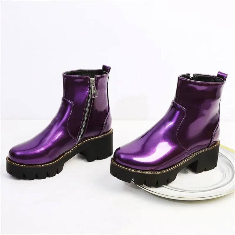 PXELENA Patent Leather Combat Boots for Women