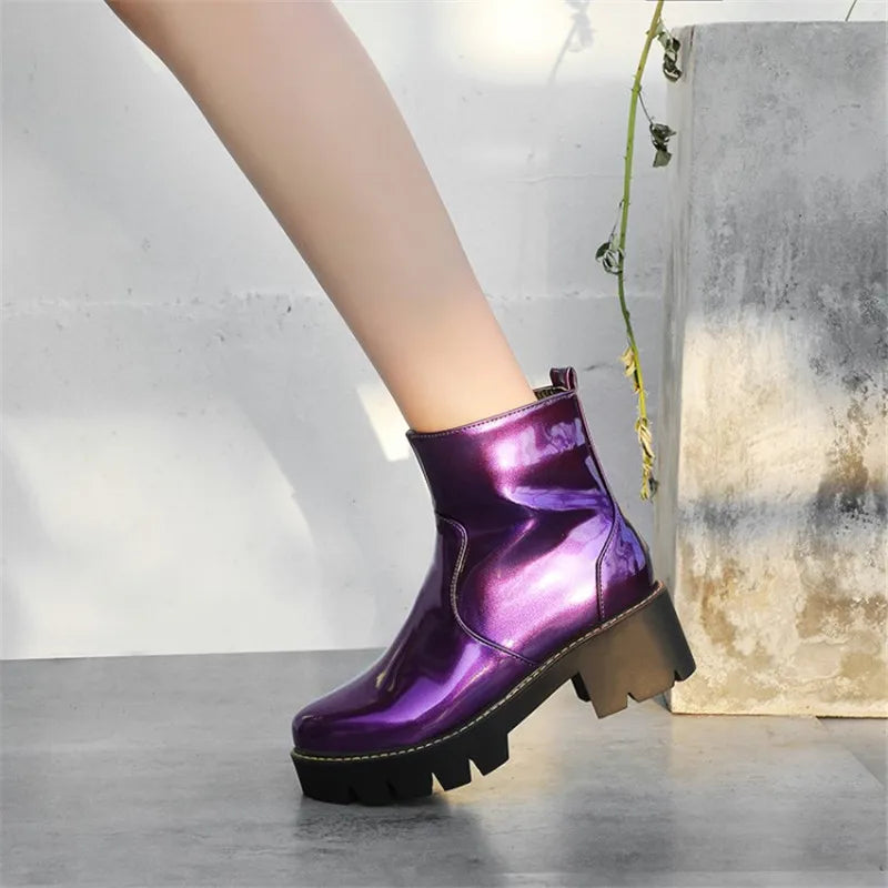 PXELENA Patent Leather Combat Boots for Women