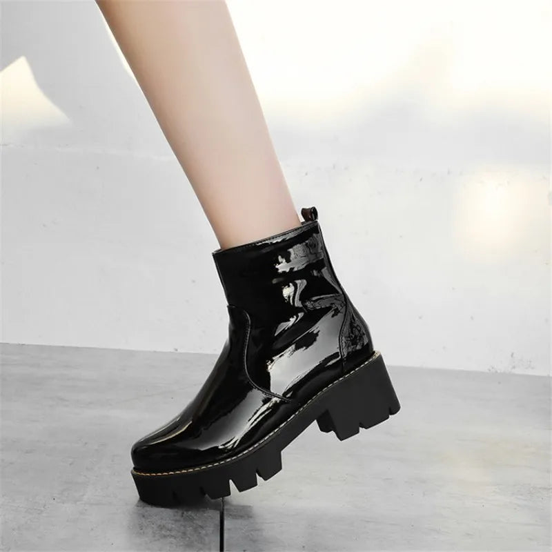 PXELENA Patent Leather Combat Boots for Women