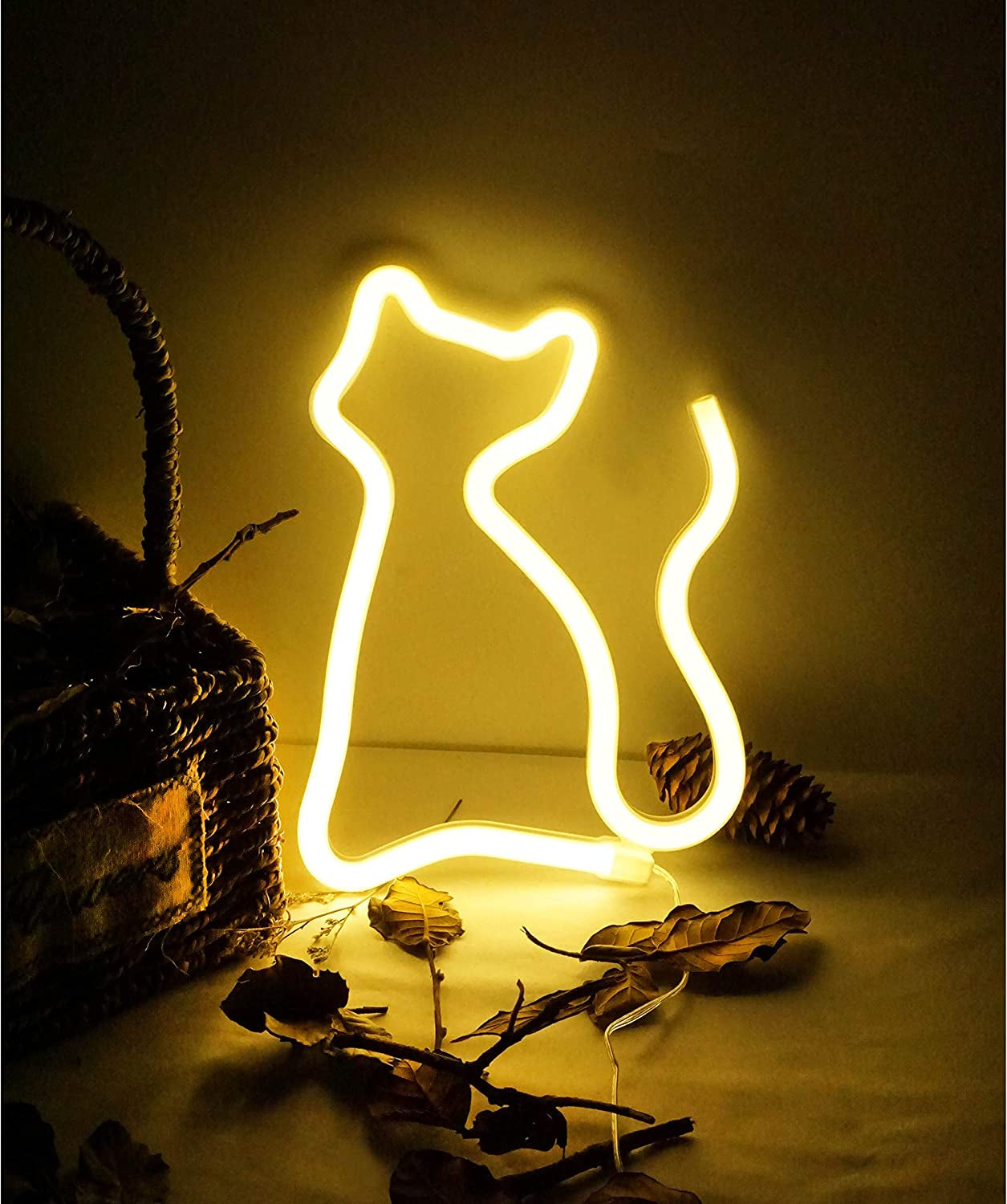 Cat Neon Light, Cute Neon Cat Sign, Battery or USB Powered Night Light as Wall Decor for Kids Room, Bedroom, Festival, Party, Valentine'S Day (Yellow)