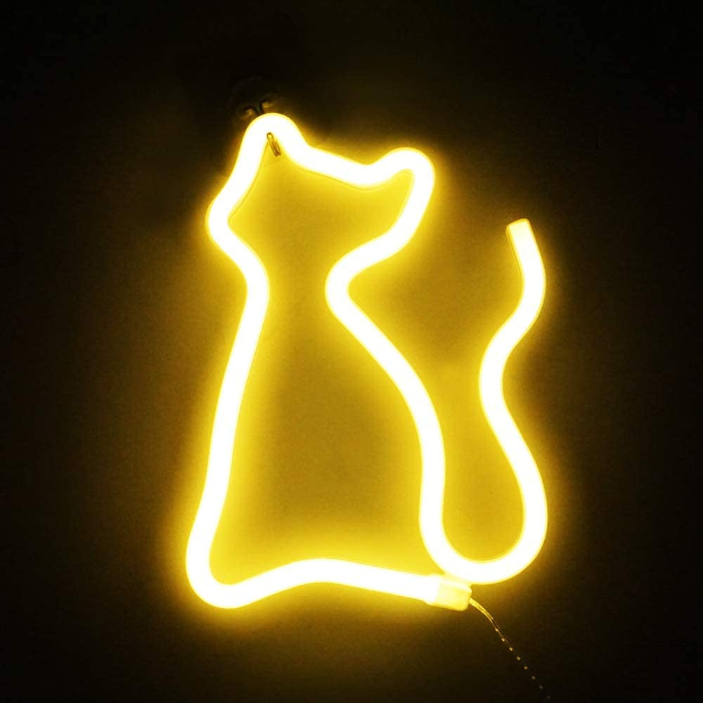 Cat Neon Light, Cute Neon Cat Sign, Battery or USB Powered Night Light as Wall Decor for Kids Room, Bedroom, Festival, Party, Valentine'S Day (Yellow)